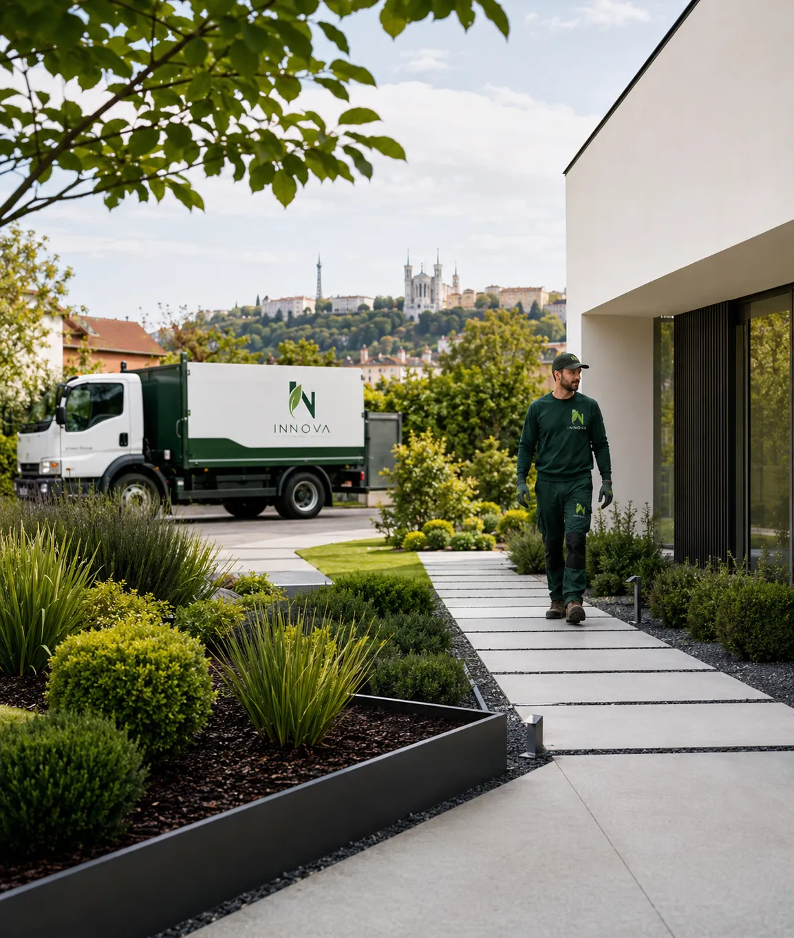 camion INNOVA et ouvrier paysagiste après aménagement paysager Lyon